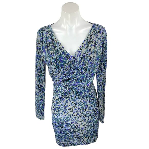 BCBGeneration Blue Abstract Long Sleeve Faux Wrap Mini Sheath Dress Size XS - Picture 1 of 5